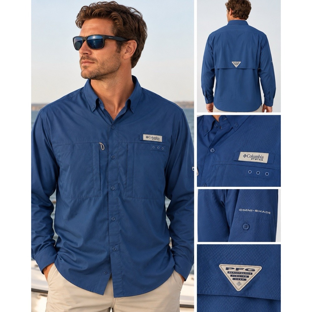 Columbia PFG Tamiami II Men's M Blue Long Sleeve Fishing Shirt Omni-Shade NWT